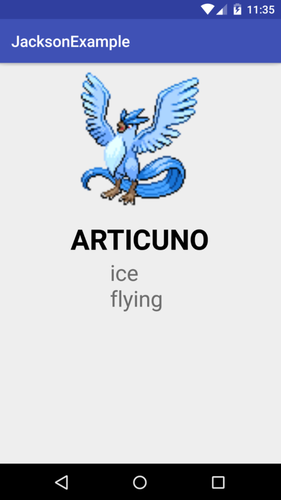 Screenshot of final app, showing image of Articuno, name of Articuno, and types ice and flying